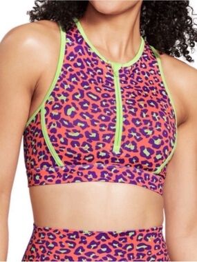 Peloton x Brittany Allen bra neon leopard zip front dopamine longline large gym